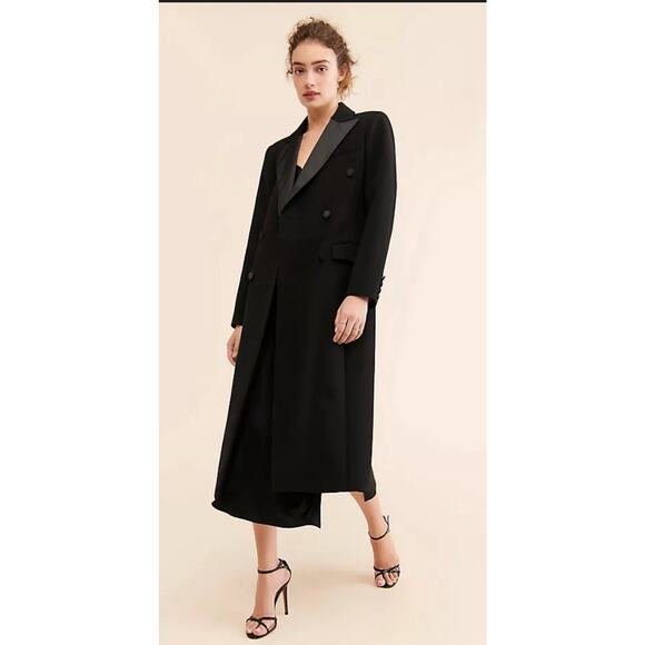 NWOT AVEC LES FILLES Classic BLACK LONG TUXEDO COAT SATIN COLLAR Peacoat M - Picture 3 of 4